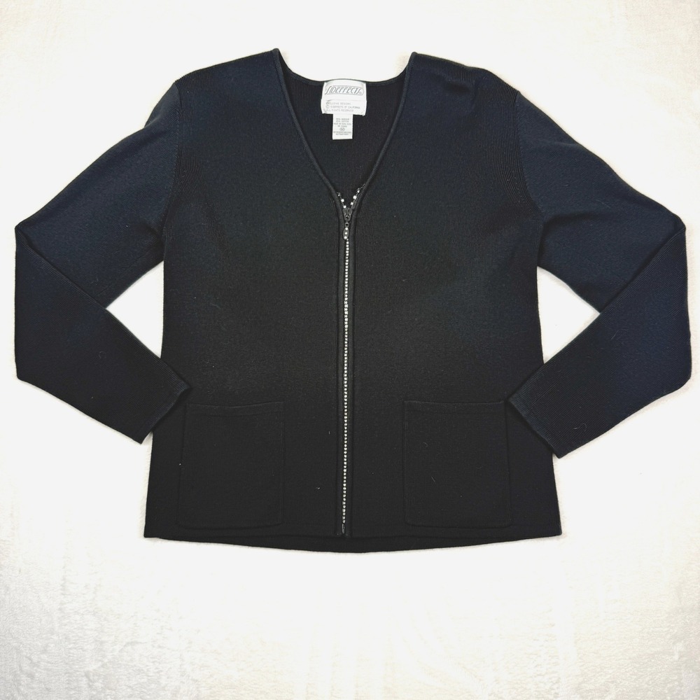 Vintage Side Effects‎ Medium Full Zip Black Cardigan Rhinestone Glam Minimalist